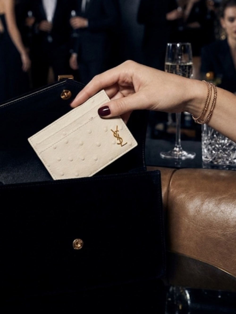 Saint Laurent Cream Ostrich-Embossed Leather Card Sleeve with Subtle Texture